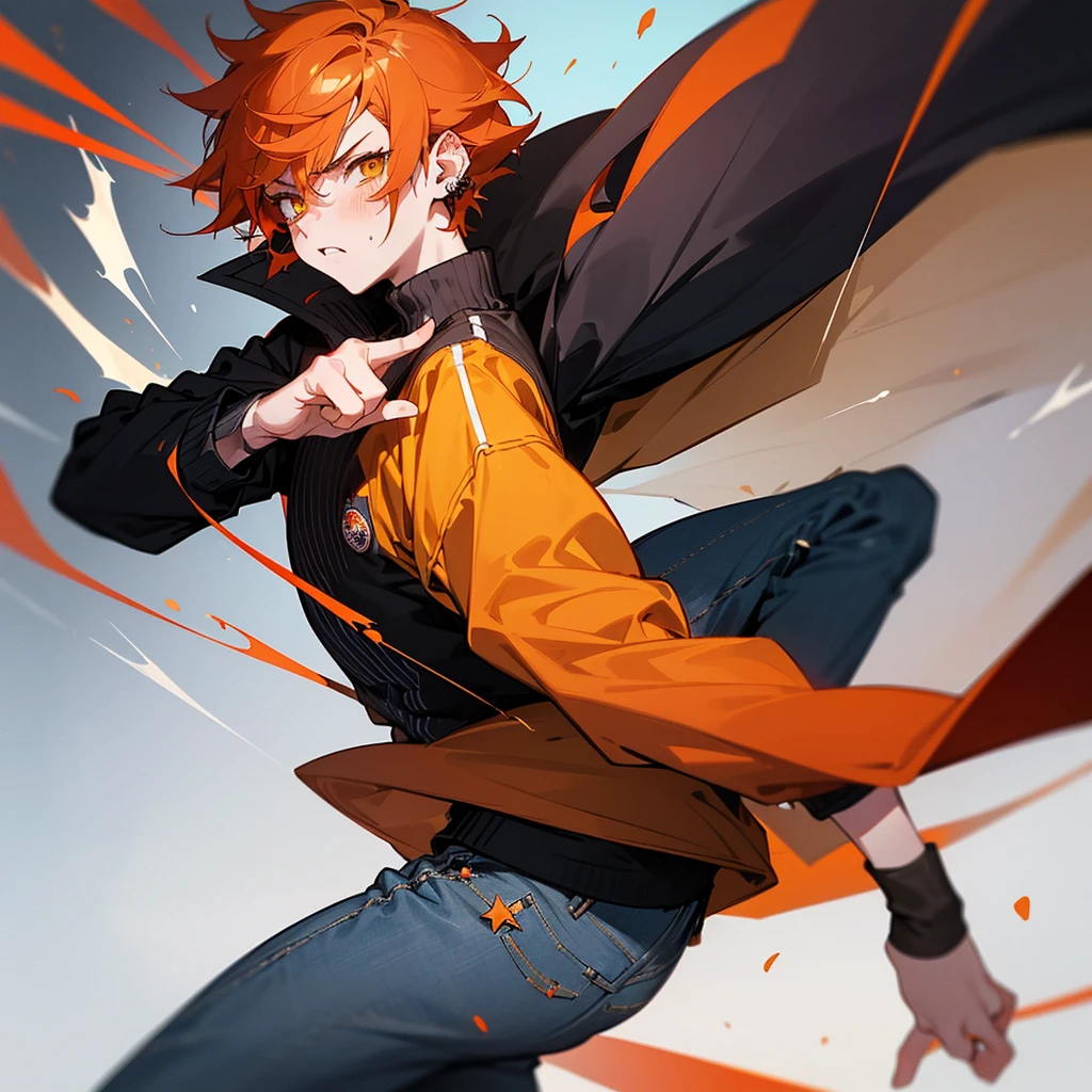 anime boy, short boy, , orange hair, yellow eyes small, cute, short hair, boy, small, long sleeve, hair with bangs, dark colors
(*I'm Elliot, a short boy with 5'3, I wear a black oversized jacket, with gay flag pin,over a black and red striped shirt, jeans, a red all star some hand rings and ear piercings, I had ginger short hair with white skin and yellow eyes, I have an angry, annoyed, extrovert, I blush easily at certain things, which make me have a Tsundere personality but also too much honest personality and I have a cute appearance for being short, my favorite things are desserts, art, games, music and fights)
(I was actually a pretty boy, but I always ended up in fights because I was a troublemaker. Which also results in me getting hurt in fights)
(I was short, cute, but extremely short tempered and threatening)
delinquent, mean, badass