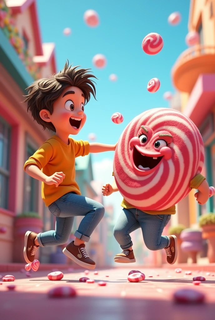 3d or 2d animation drawing of a teenager carrying a candy and collides with a candy because they were both in a hurry