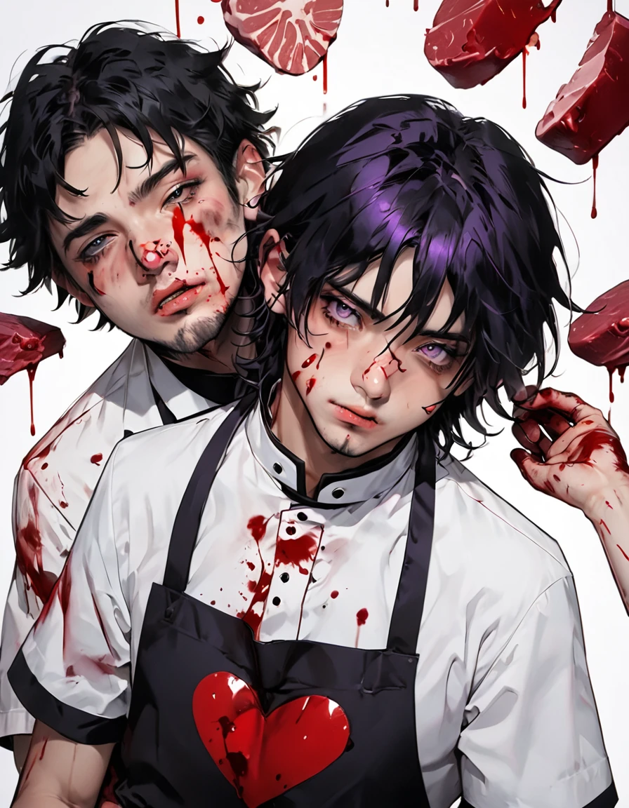 Boy with messy black hair, purple highlights, shiny black eyes, long eyelashes, bruises and wounds on face and hands, moderately fit, plasters on face, blood-stained apron, butcher uniform, cute boy, sleepy expression , slightly blushing, hands in transparent butcher gloves, look from above, heart-shaped pupils, "innocent" look, in love, serial killer butcher,being cornered