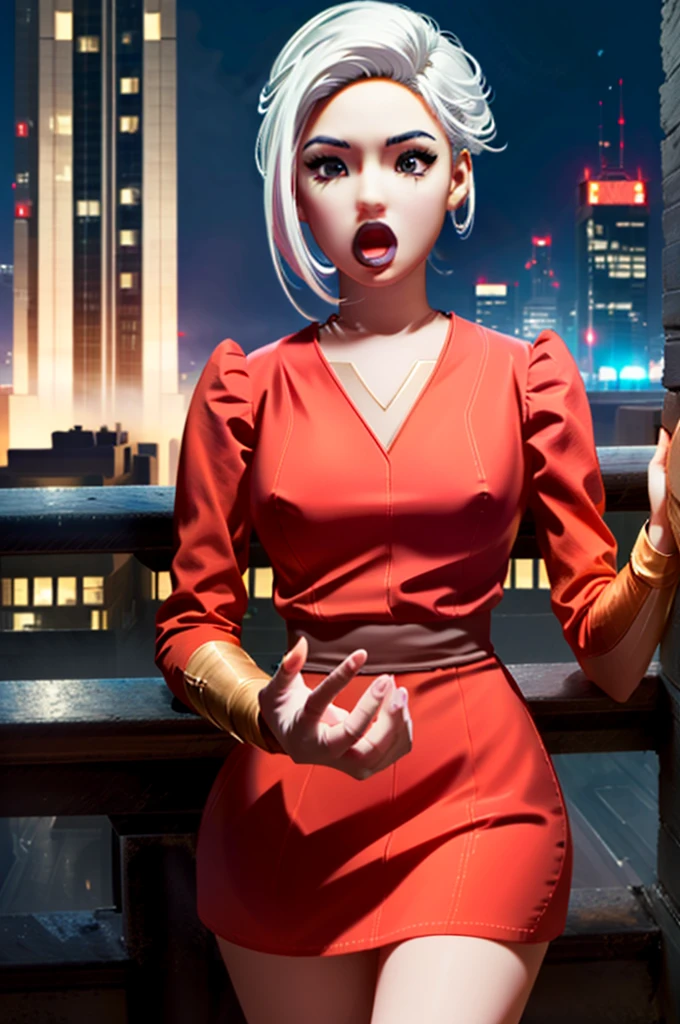 ((ultra detailed, masterpiece, best quality)) oface


 StarMerrin, 1girl, solo, white hair, cityscape, at night, on top of a skyscraper, short dress, tight