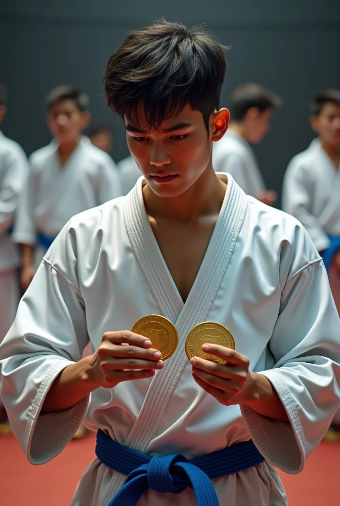 Young man could not 1st place karate blue belt 2 gold medals in hand