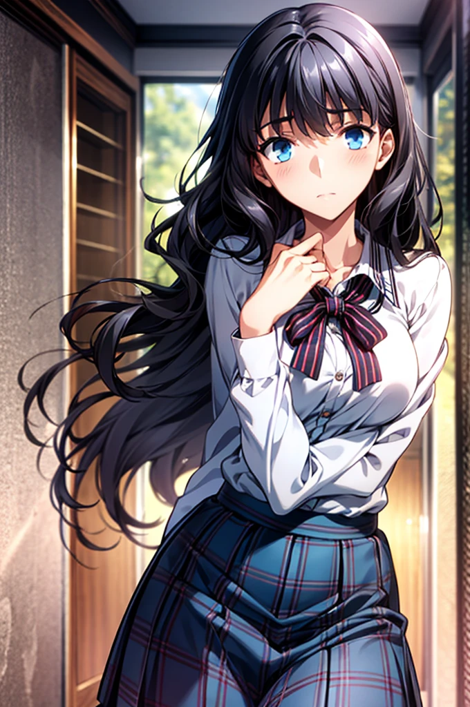 Masterpiece,Highest quality,8k,Ultra-high resolution,appropriate margins,Perfect hands,Perfect Fingers,Perfect human body,Perfect Eyes,((Cowboy Shot)),BREAK,Bright expression,(1 person),(The most beautiful woman),Slim body,((The most extraordinary breasts)),Moisturized Skin,Fair skin,BREAK,((Black Hair)),Long Hair,Wavy Hair,BREAK,Thin eyebrows,BREAK,Light blue eyes,BREAK,(student),(High School Uniform),(skirt),(Summer clothes),BREAK,Make eye contact with your audience,Embarrassing,Apartment room