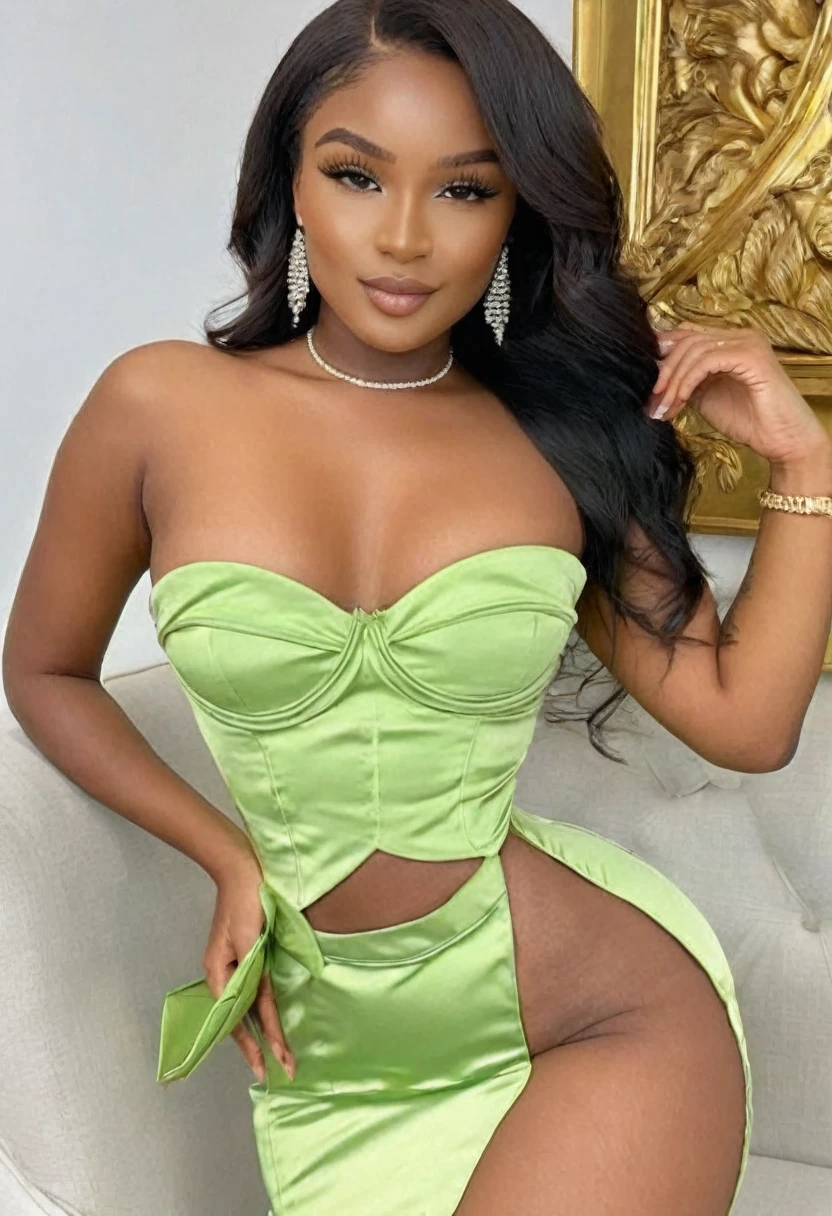 (best high quality:1.5), (8k), extremely detailed, (High details:1.4), Solo, Angolan female with 24 years old, ((dress strapless)), ((sexy hot hourglass body)), (square-shaped defined pretty face:1.45),