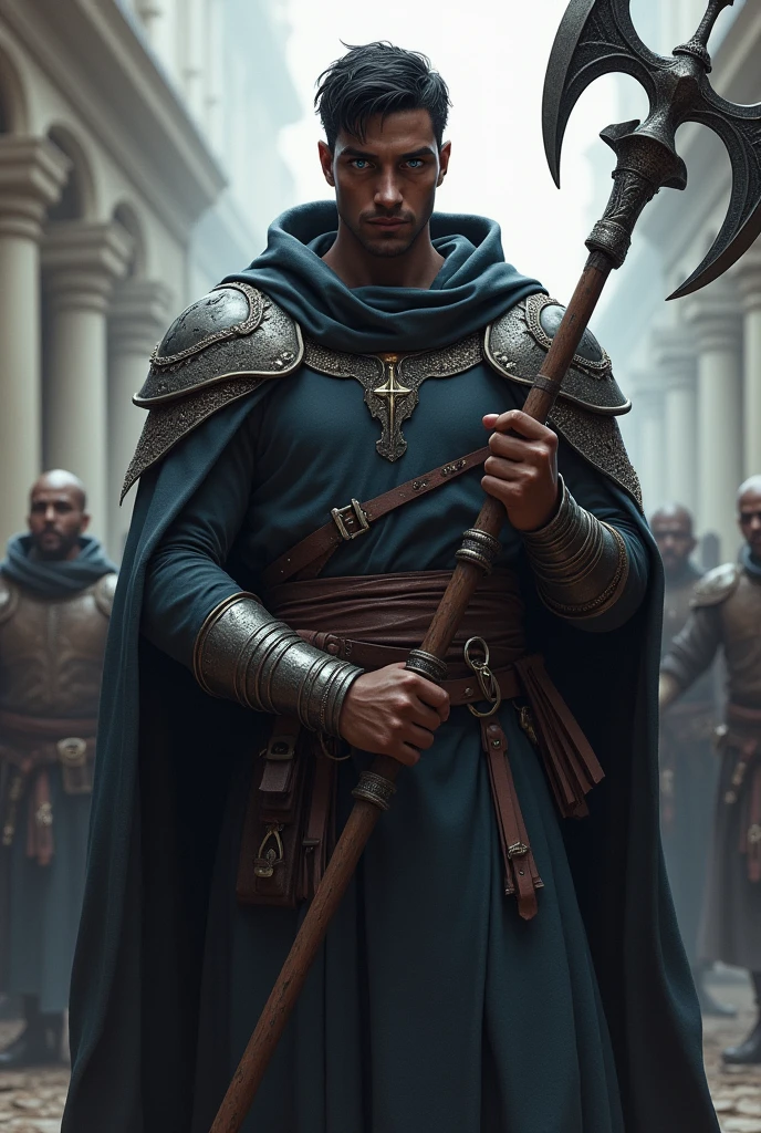 Dark-skinned man, black hair, blue eyes, wearing kingdom attire, stocky, not very strong, holding a halberd, D e D, With hood