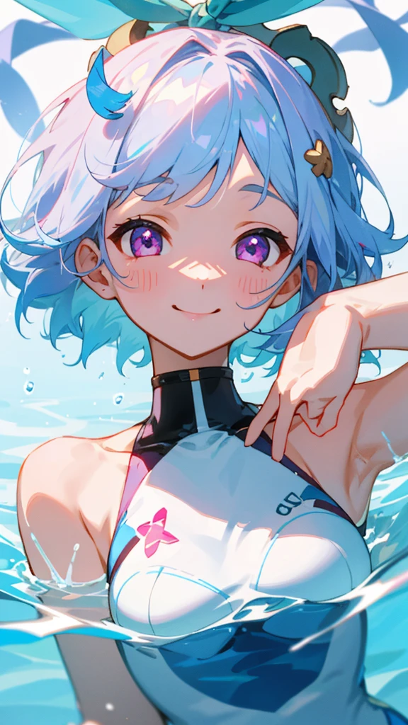Girl、Light blue hair、Pink Eyes、Synchronized Swimming Costume、Acorns、smile、Upper body close-up