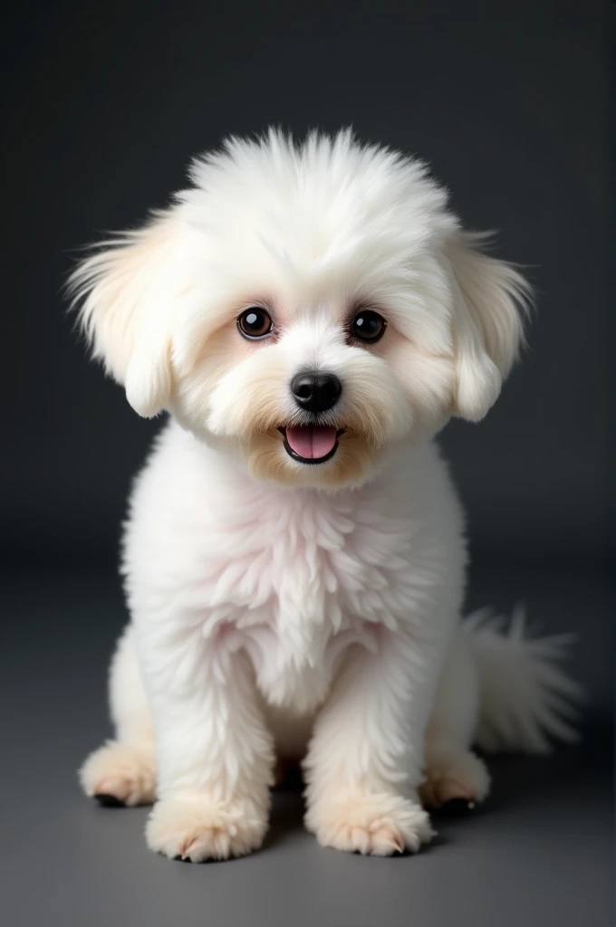 Realistic fluffy bichon frise with dark background in photo shoot
