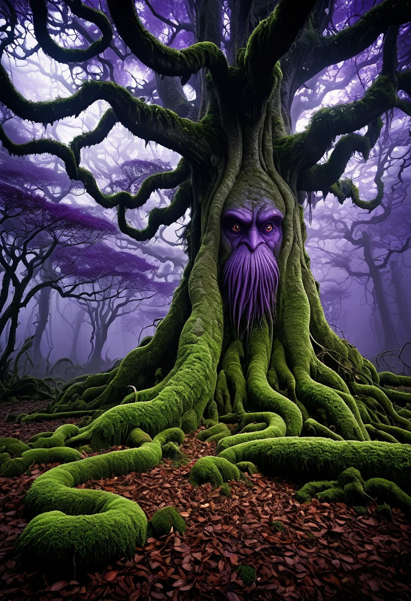 Highest quality, masterpiece, High resolution, landscape、Fantasy、(A forest ruled by a giant demonic tree)、Not popular、Foliage、moss、Swamp、fog、Negative、Wood Grain Tentacles、Root Tentacle、Fallen leaves、(The trunk looks like one giant face)、Purple Fruit、
