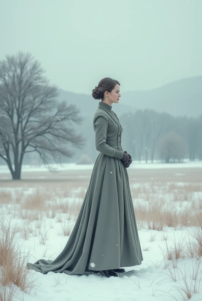 A Victorian woman in a field in winter 