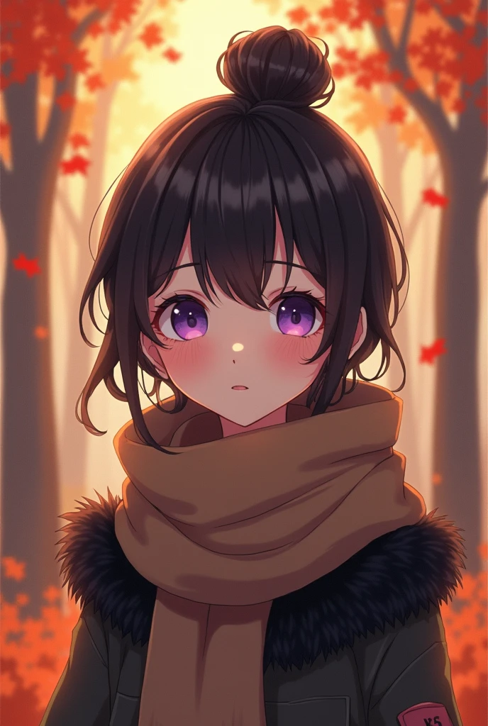 anime, teen girl, human, black fur, by the wide, gray clothes, bun on the head, brown scarf, purple eyes autumn forest background