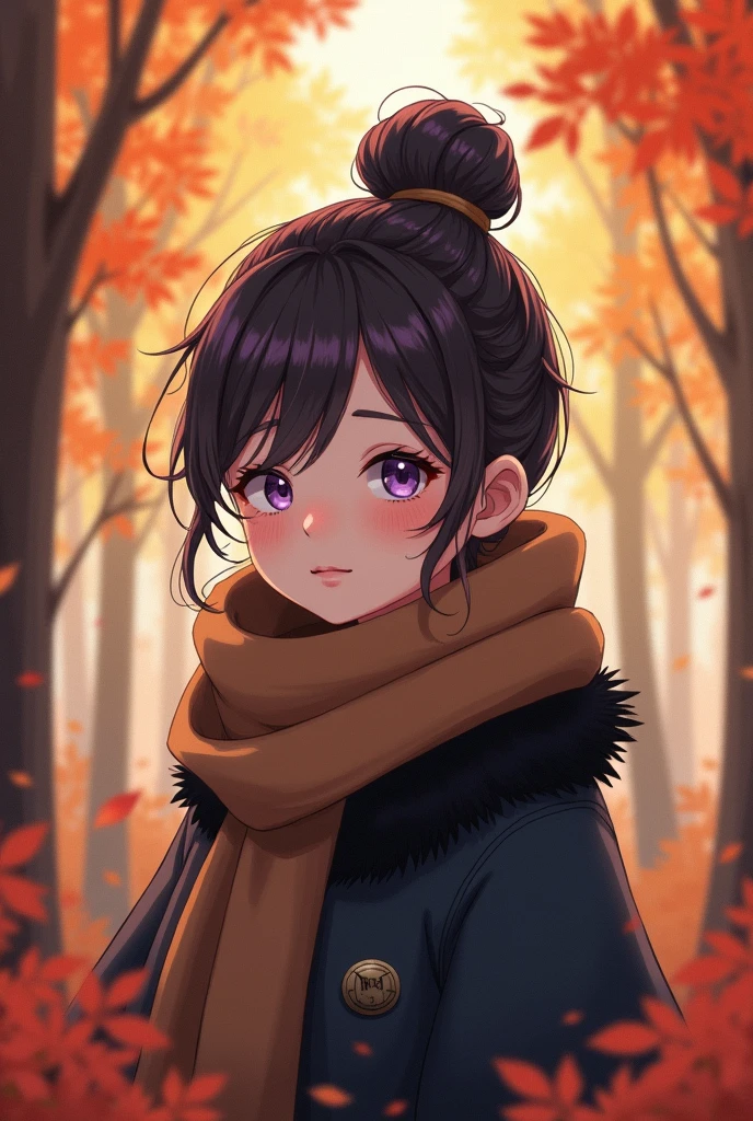 anime, girl, human, black fur, by the wide, gray clothes, bun on the head, brown scarf, purple eyes autumn forest background