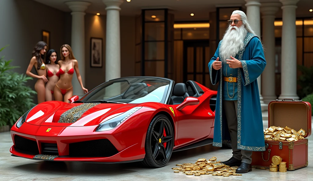 CREATE AN ULTRAREALISTIC IMAGE WITH A LIFE-SIZE RED FERRARI, LINDA PARKED NEXT TO GOLD BARS AND OPEN SUITCASES WITH DOLLARS INSIDE, convey depth, IN THE BACKGROUND A BEAUTIFUL MANSION with modern architecture, WITH 3 sexy WOMEN AND NEXT TO THE FERRARI A HANDSOME YOUNG WIZARD IN BLUE CLOTHES AND FULL OF JEWELS, PERFECT WIZARD HANDS WITH 5 FINGERS