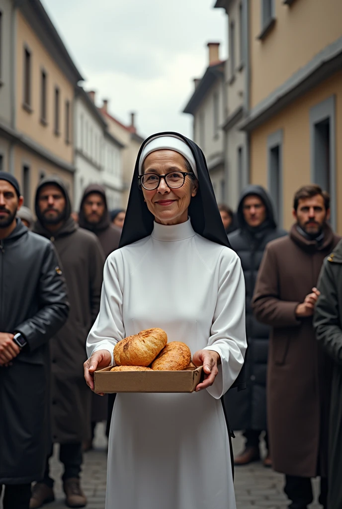 70 year old nun, smiling, Brunetette, short stature, with glasses, dressed in a white habit and a smartwatch on her left wrist. She is distributing bread and soup to the homeless people lined up. The place is an area with old buildings and the weather is cloudy..