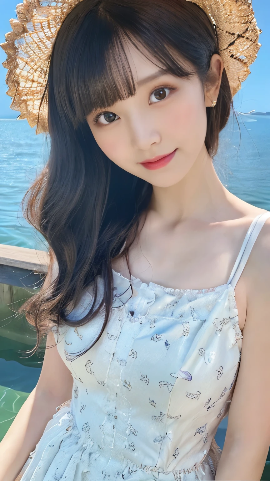 smiling,wide shot,((full body))black hair,seaside,sea,flower_dress,(1 beautiful Japanese idol, 20 years old), perfect body, Detailed beautiful delicate face, Detailed beautiful delicate eyes and eye highlights, Very thin and delicate eyelashes that are not too long, (finely detailed beautiful blown big eyes and detailed face), natural makeup, slender face, (lustrous skin, realistic detailed skin), (looking at viewer:1.2),masterpiece, (best quality:1.2), 8k, RAW photo, (Realistic, hyper realistic, photorealistic:1.3), Ultra High Res, intricate details, ultra detailed, High quality texture, distinct image