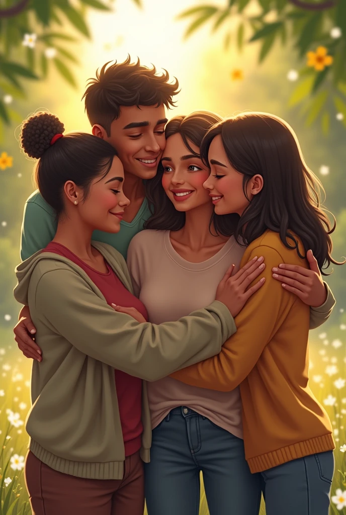 4 friends hugging in a circle 