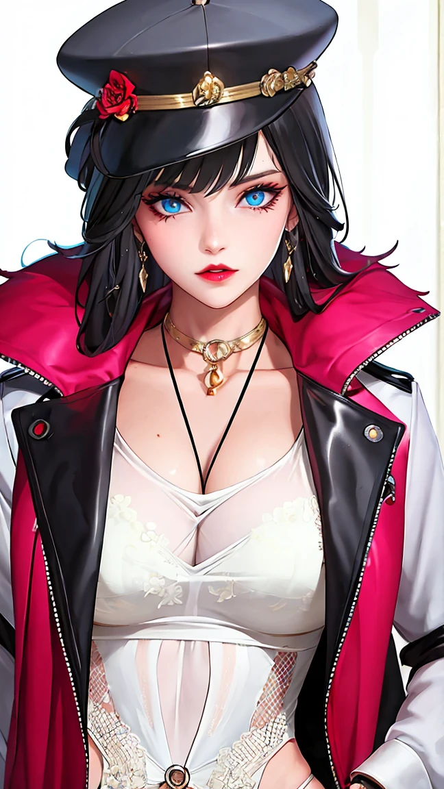 ((best quality)),(Ultra-high resolution),(Very detailed),(Detailed description),((Best CG)),(masterpiece),Highly detailed art,Amazing Art,(Contemporary art with precise details:1.5), (1. Female fashion models:1.6),(beautiful and well-proportioned face:1.5),Fashion Leader:1.6,Powerful gaze:1.4,(Wearing hat at an angle:1.3),Cropped tops,White background wide hip,red lips,Slender legs