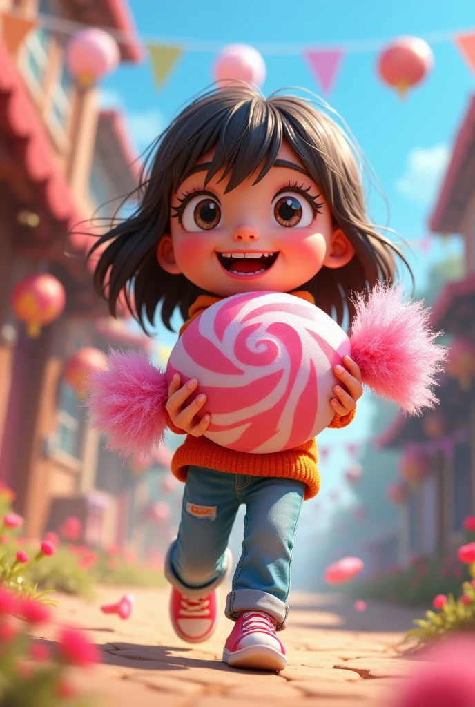 3d or 2d animation drawing of a girl carrying a candy