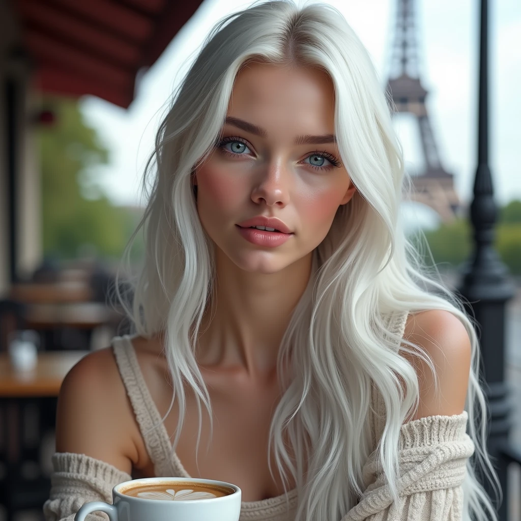 A pretty blue-eyed  Instagram model with very long straight snow-white hair with a realistic natural pale porcelain complexion on an oval face. You can see the Eiffel tower in the background as she enjoys a warm coffee at a local Paris cafe.