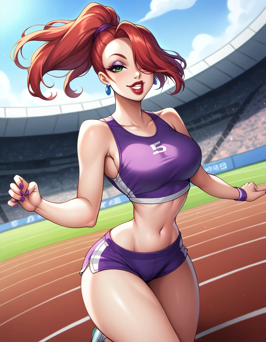 score_9, score_8_up, score_7_up, score_6_up, score_5_up, score_4_up, BREAK, source_anime, 1girl, red hair, long hair, hair over one eye, green eyes, lipstick, makeup, earrings, competition sports, (purple tank top:1.5), (large purple short:1.5), (on the track:1.5), (track and field), (running:1.5). ((action pose)), (Stadium background:1.5), Stadium full of people. Olympics. white trims, best quality, expressive eyes, short ponytail, high ponytail,, realistic BREAK 1girl, solo.  looking at viewer, dutch angle, looking up, smile, (big hips), hourglass body, happy, thigh gap, lips, red lips, lipstick,  BREAK parted lips,nail polish, ((narrow waist)), looking at viewer, thighs, indoors, 