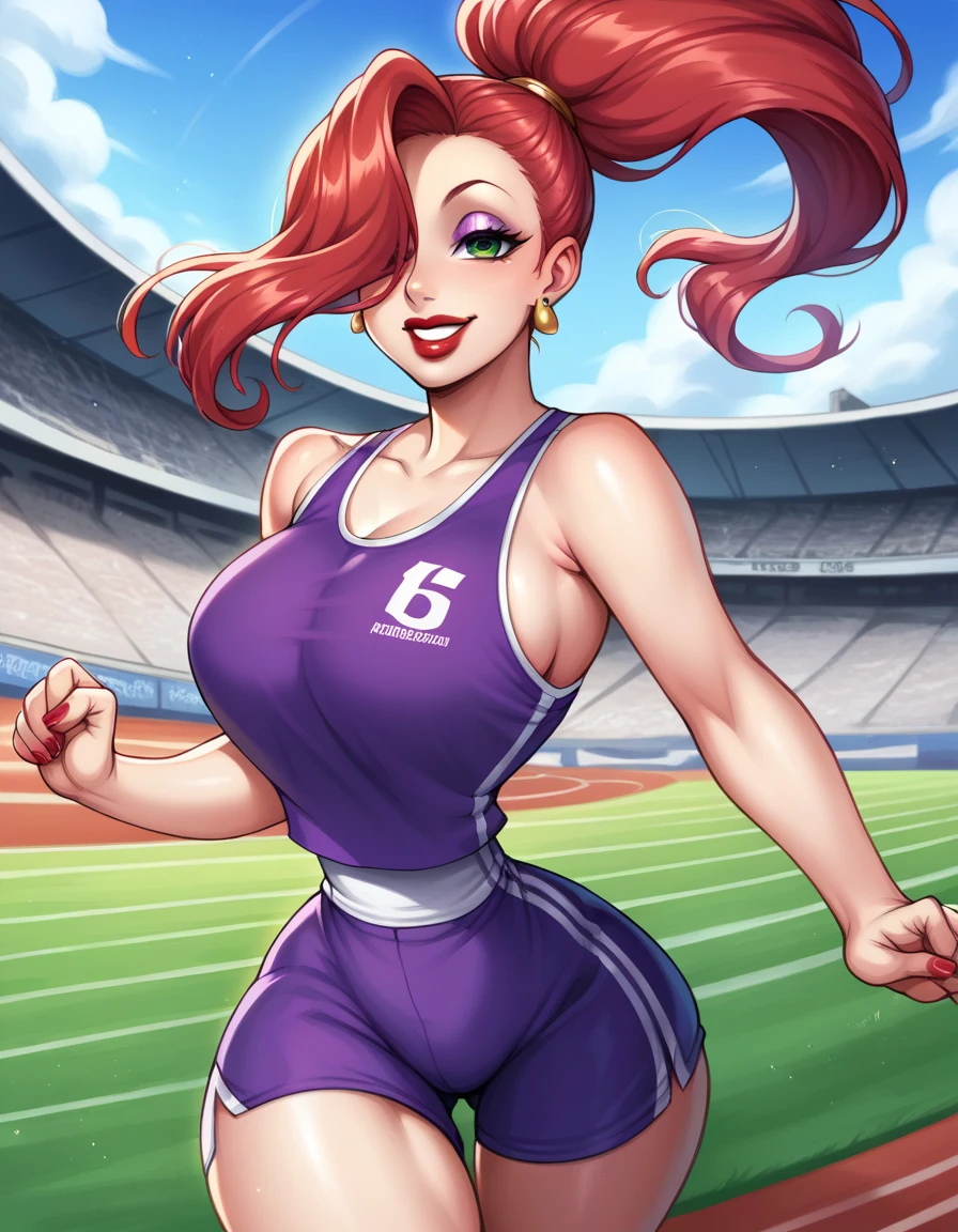 score_9, score_8_up, score_7_up, score_6_up, score_5_up, score_4_up, BREAK, source_anime, 1girl, red hair, long hair, hair over one eye, green eyes, lipstick, makeup, earrings, competition sports, (purple tank top:1.5), (large purple short:1.5), (on the track:1.5), (track and field), (running:1.5). ((action pose)), (Stadium background:1.5), Stadium full of people. Olympics. white trims, best quality, expressive eyes, short ponytail, high ponytail,, realistic BREAK 1girl, solo.  looking at viewer, dutch angle, looking up, smile, (big hips), hourglass body, happy, thigh gap, lips, red lips, lipstick,  BREAK parted lips,nail polish, ((narrow waist)), looking at viewer, thighs, indoors, 