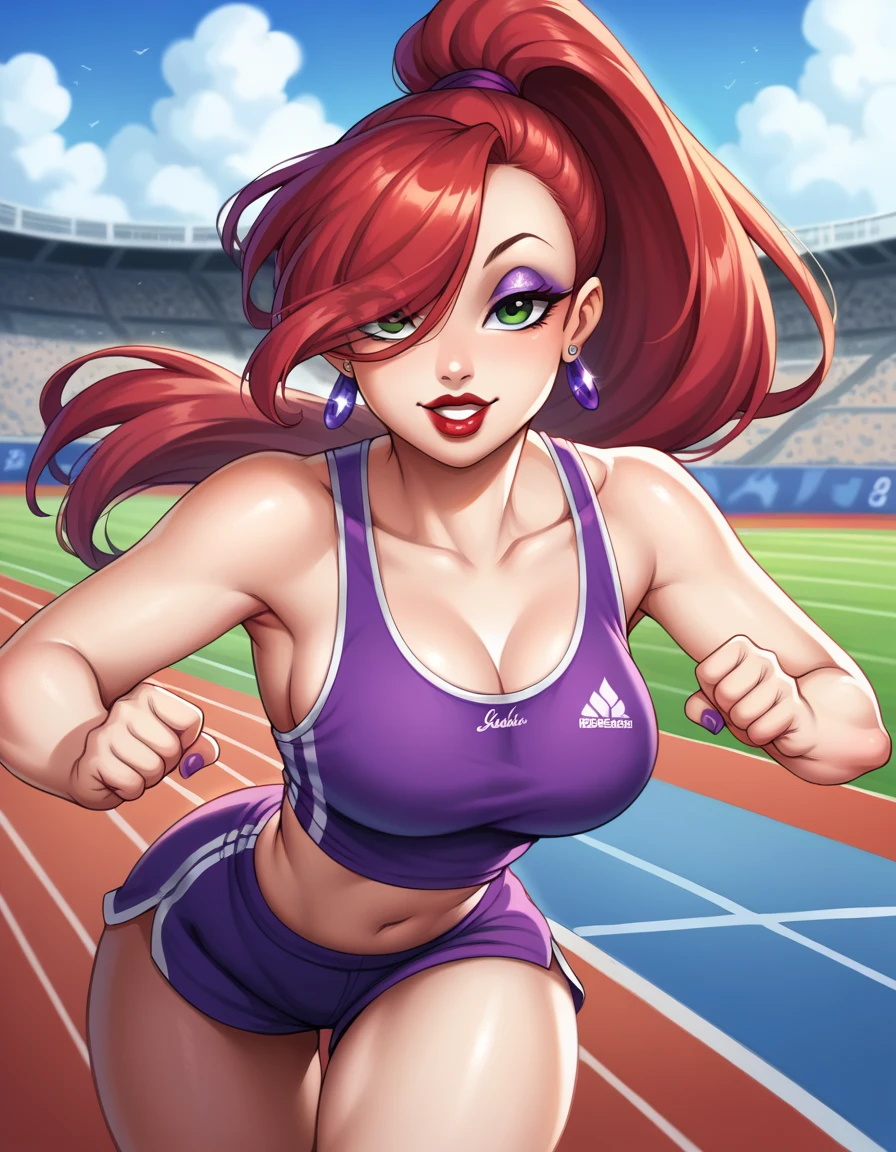 score_9, score_8_up, score_7_up, score_6_up, score_5_up, score_4_up, BREAK, source_anime, 1girl, red hair, long hair, hair over one eye, green eyes, lipstick, makeup, earrings, competition sports, (purple tank top:1.5), (large purple short:1.5), (on the track:1.5), (track and field), (running:1.5). ((action pose)), (Stadium background:1.5), Stadium full of people. Olympics. white trims, best quality, expressive eyes, short ponytail, high ponytail,, realistic BREAK 1girl, solo.  looking at viewer, dutch angle, looking up, smile, (big hips), hourglass body, happy, thigh gap, lips, red lips, lipstick,  BREAK parted lips,nail polish, ((narrow waist)), looking at viewer, thighs, indoors, 