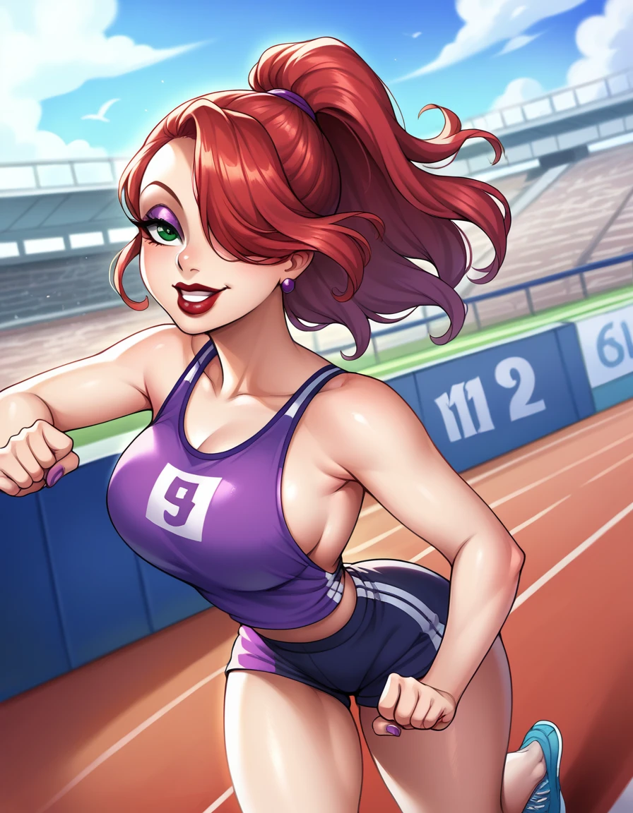 score_9, score_8_up, score_7_up, score_6_up, score_5_up, score_4_up, BREAK, source_anime, 1girl, red hair, long hair, hair over one eye, green eyes, lipstick, makeup, earrings, competition sports, (purple tank top:1.5), (large purple short:1.5), (on the track:1.5), (track and field), (running:1.5). ((action pose)), (Stadium background:1.5), Stadium full of people. Olympics. white trims, best quality, expressive eyes, short ponytail, high ponytail,, realistic BREAK 1girl, solo.  looking at viewer, dutch angle, looking up, smile, (big hips), hourglass body, happy, thigh gap, lips, red lips, lipstick,  BREAK parted lips,nail polish, ((narrow waist)), looking at viewer, thighs, indoors, 