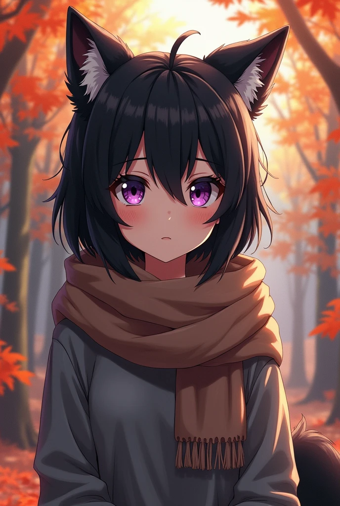 anime, teen girl, human, black fur, by the wide, gray clothes, brown scarf, purple eyes autumn forest background