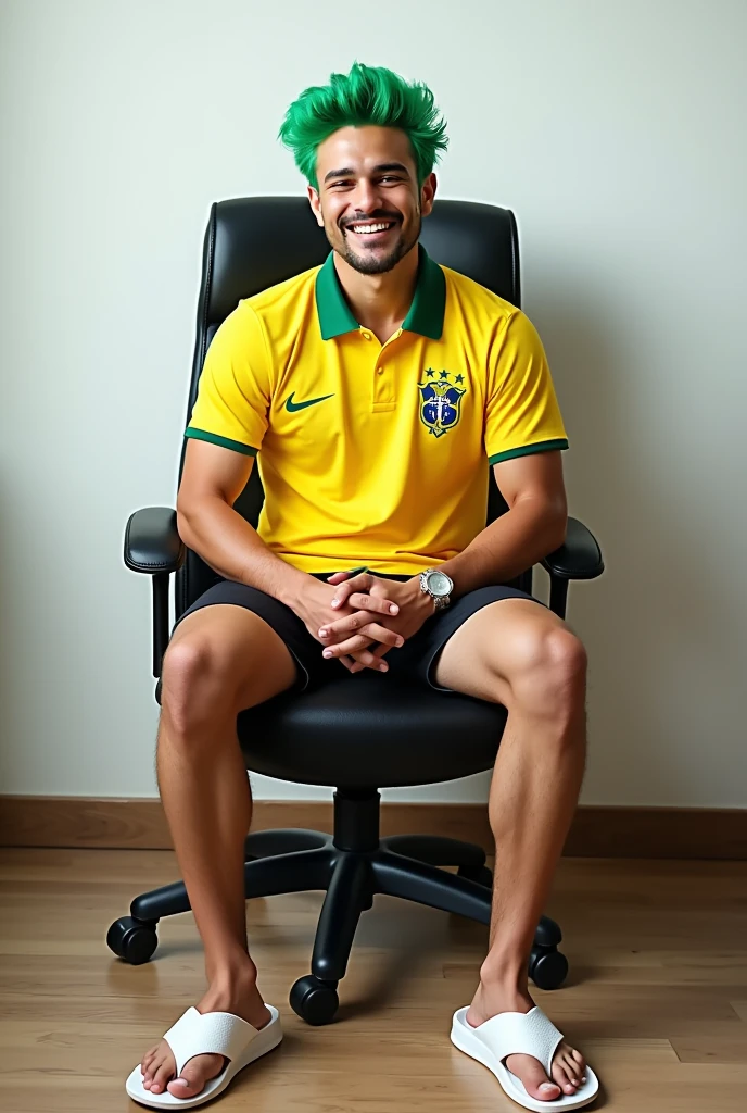 Um homem brasileiro, with straight green hair, Corinthians shirt, with black shorts and white flip-flops sitting in a secretary chair