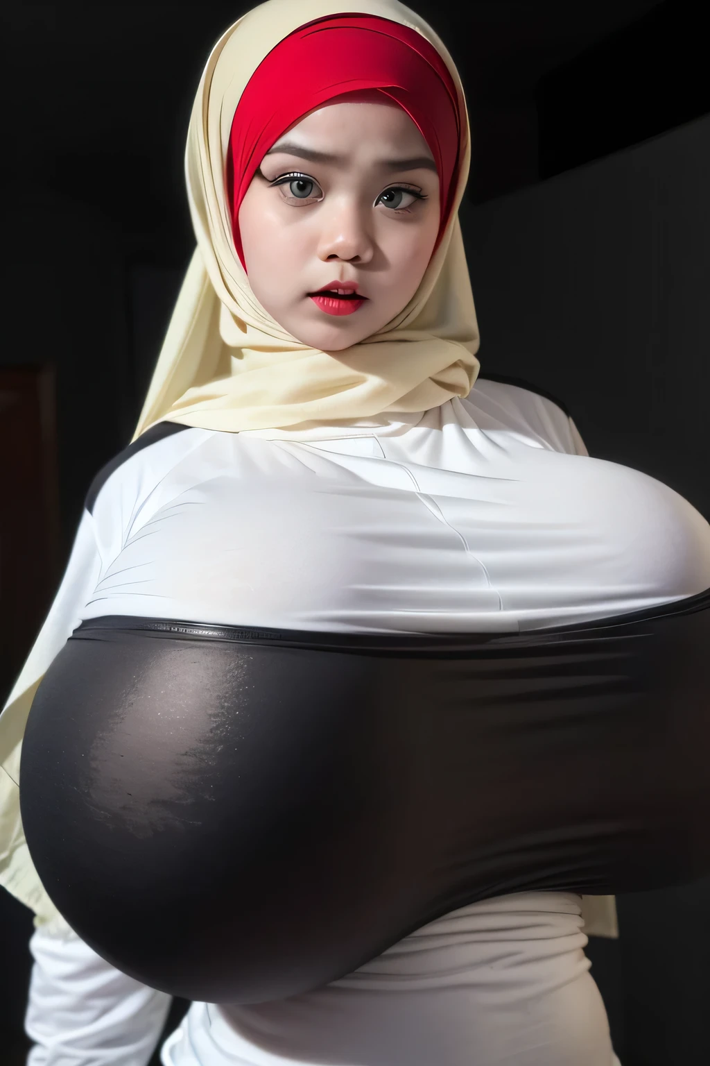 ((4x-UltraSharp)), ((Red Lips)), (((Jilbab))), ((GOTHIC GOTH GIRL BLACK LIPS)), Jumbo (Singlet), Chubby adorable, 1 girl, (face to face), , baby face, angry face expression, half body portrait, (face details: 1), (eye details: 1), ((big breasts)). wearing transparent transparency soft long shirt, .. Cute posed. proportional body. Ultra High Res. realistic: 1.4, UHD, ((leopard pattern)), ((Bigger:2.4)), (((DARK BACKGROUND))), ((Gigantic:1.7))