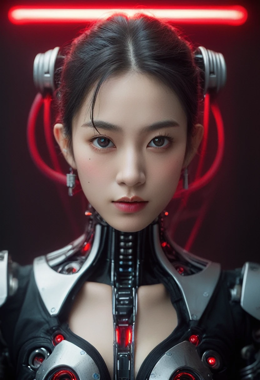 xxmixgirl. Highly detailed professional 35mm film, bokeh, face in sharp focus. A robotic female, Miku, with ((metal skin)), ((perfect Asian eyes)) with magenta irises and ((black pupils)), beautiful serious (detailed face), 18 year old ((photorealistic face)), very long magenta twin tails of magenta hair, twin black hair ties with a single red stripe. She may have a black audio headpiece. We can see her ((full body)) down to her boot soles. Her outfit is a sleeveless collared light grey shirt, outlined in red around the frilled collar and hems. Shiny reflective ((metallic breast cups, dimpleless)), invisible nipples. She wears black sleeves with red hems that start around her upper arm and bellow out as the sleeves open and extend to her wrists, with wide trumpet red rimmed cuffs. She has perfect robotic (detailed hands). She wears a red colored tie with two horizontal solid parallel black lines halfway across. She wears a fabric black skirt with a horizontal red hem at the bottom all the way around; her (((black skirt wraps around her))) and ((her skirt completely covers)) her robotic waist and thighs. Tall black boots with red bottom soles, a red rim around the top at her thighs. Her mechanical shoulder joints are visible. We can see her robotic legs and robotic neck. Half of her is covered with shiny polished machinery. The background is a distant dark neon futuristic Japanese city, gold, cyan, violet neon, near harbor or mountains.