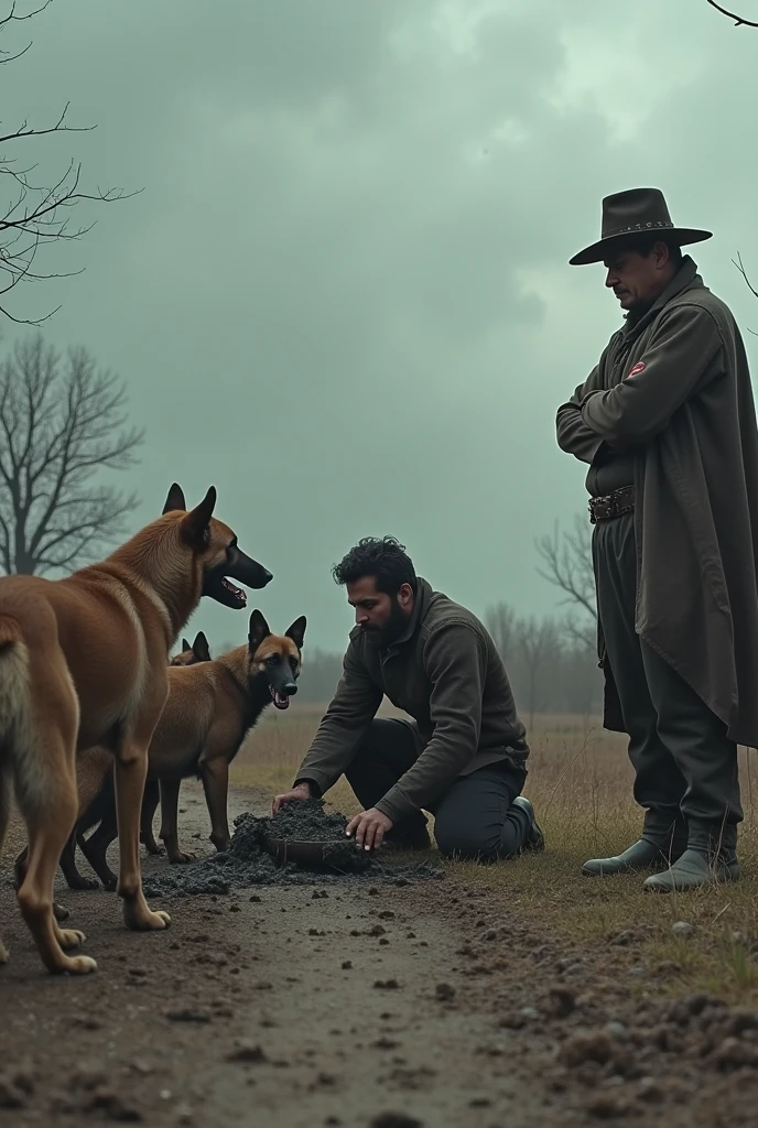 Description: The pongo is kneeling on the ground, cleaning up after several large, vicious dogs. The dogs look at him with indifference, while the landowner, standing in the background, He watches him with his arms crossed, enjoying the humiliation. The atmosphere is cold, with a grey and dirty sky but that looks a bit Andean with hats and such.