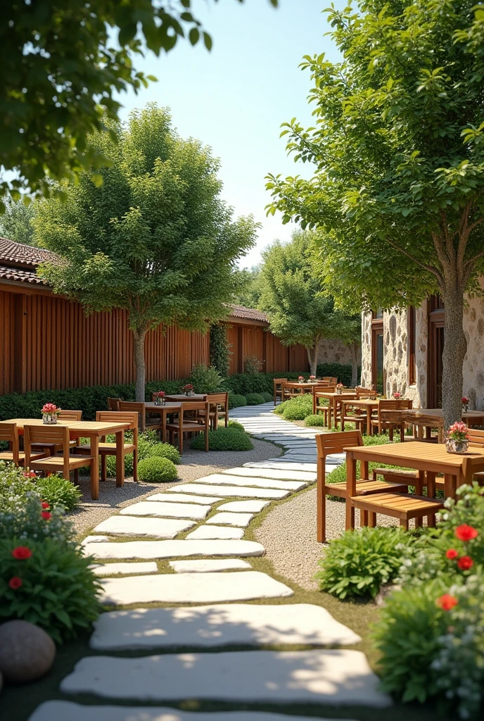 gardens e Áreas de Convivência:**
- **gardens:** Stone paths winding through manicured gardens, with small fountains and various flowers.
- **Rest areas:** Wooden tables and chairs arranged under trees, creating cozy living spaces. There should be lots of tables and chairs since it's a party With a wooden wall behind