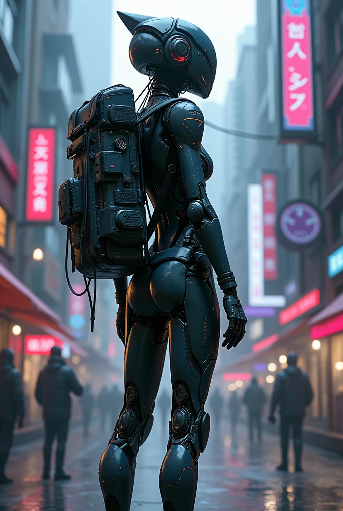 Humanoid body with cybernetic parts, Cyberpunk with a delivery boy backpack