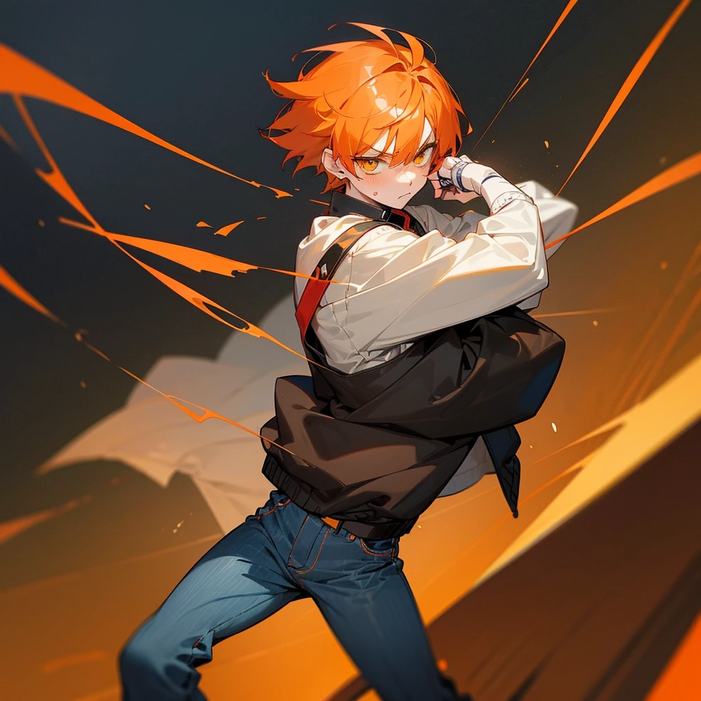anime boy, short boy, , orange hair, yellow eyes small, cute, short hair, boy, small, long sleeve, hair with bangs, dark colors
(*I'm Elliot, a short boy with 5'3, I wear a black oversized jacket, with gay flag pin,over a black and red striped shirt, jeans, a red all star some hand rings and ear piercings, I had ginger short hair with white skin and yellow eyes, I have an angry, annoyed, extrovert, I blush easily at certain things, which make me have a Tsundere personality but also too much honest personality and I have a cute appearance for being short, my favorite things are desserts, art, games, music and fights)
(I was actually a pretty boy, but I always ended up in fights because I was a troublemaker. Which also results in me getting hurt in fights)
(I was short, cute, but extremely short tempered and threatening)
delinquent, mean, badass
cigarette, background in a dark alley, bandages