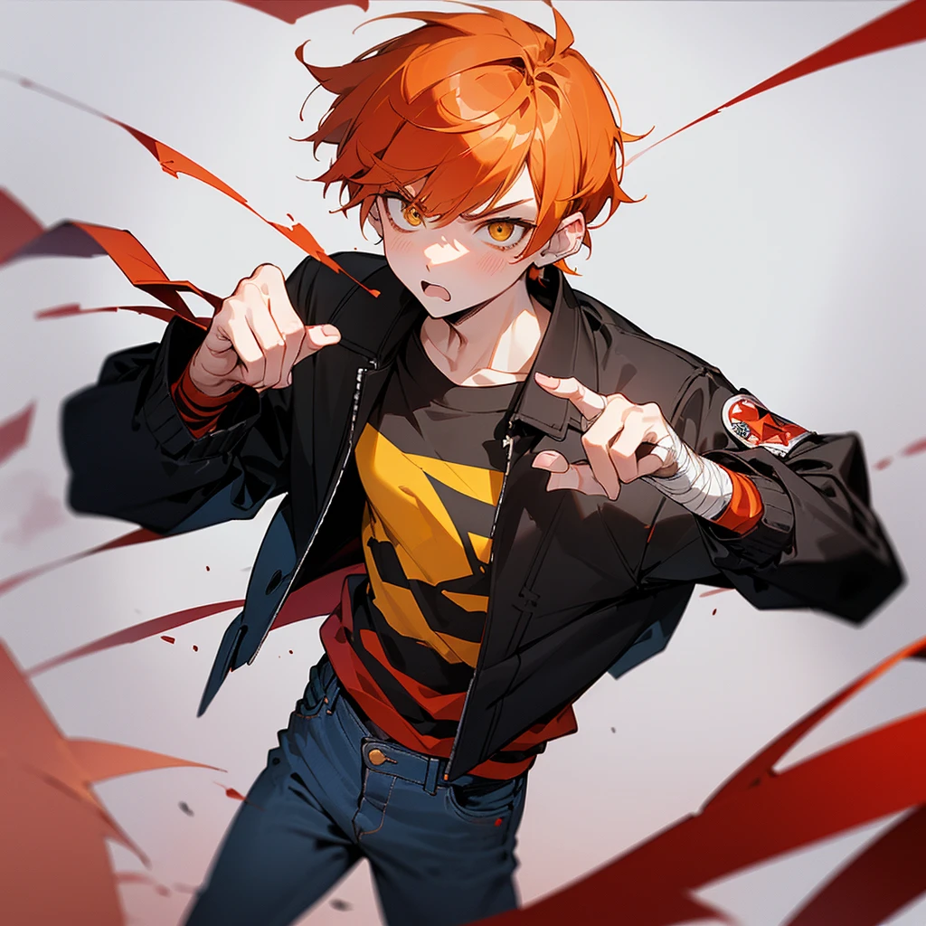 anime boy, short boy, , orange hair, yellow eyes small, cute, short hair, boy, small, long sleeve, hair with bangs, dark colors
(*I'm Elliot, a short boy with 5'3, I wear a black oversized jacket, with gay flag pin,over a black and red striped shirt, jeans, a red all star some hand rings and ear piercings, I had ginger short hair with white skin and yellow eyes, I have an angry, annoyed, extrovert, I blush easily at certain things, which make me have a Tsundere personality but also too much honest personality and I have a cute appearance for being short, my favorite things are desserts, art, games, music and fights)
(I was actually a pretty boy, but I always ended up in fights because I was a troublemaker. Which also results in me getting hurt in fights)
(I was short, cute, but extremely short tempered and threatening)
delinquent, mean, badass
cigarette, background in a dark alley, bandages