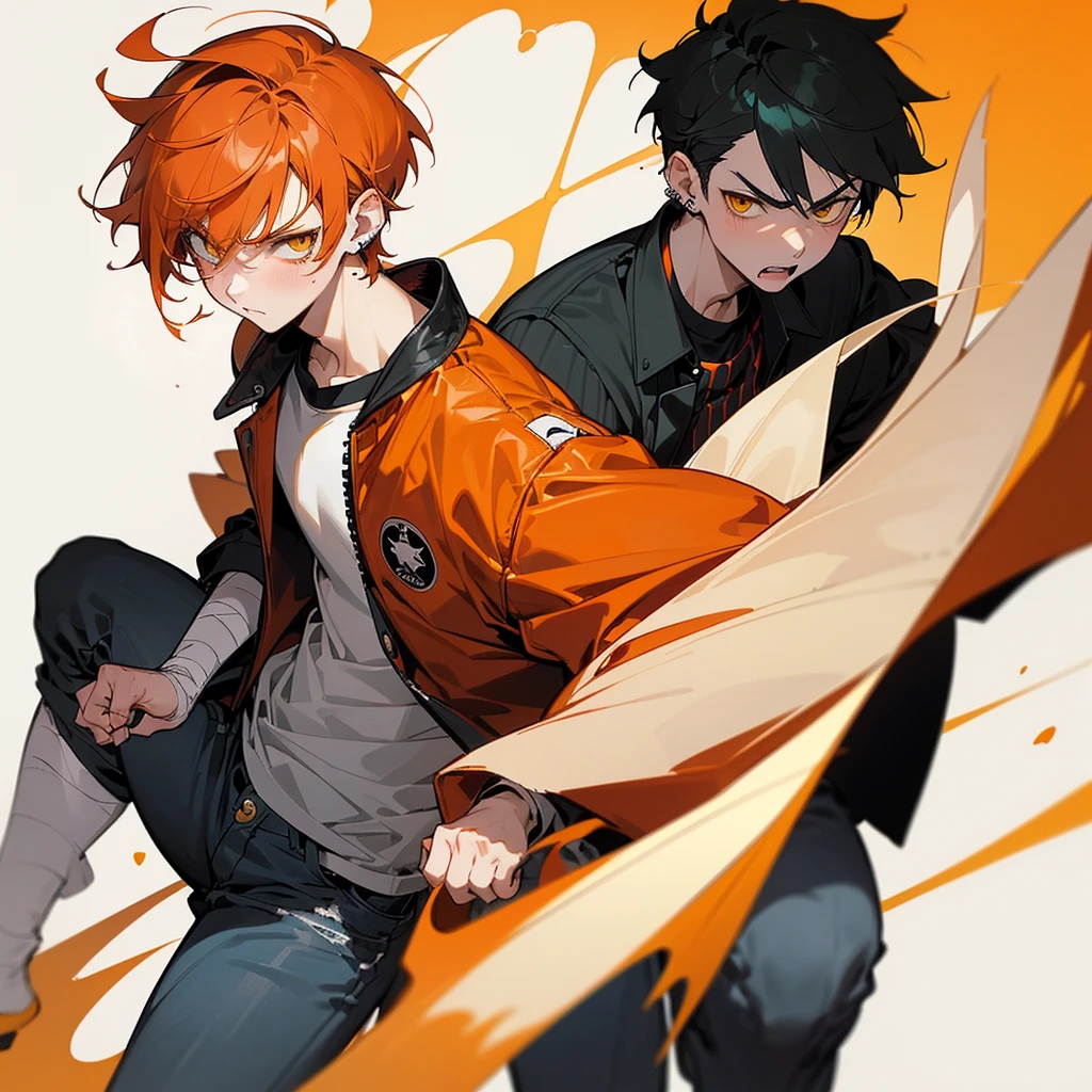 anime boy, short boy, , orange hair, yellow eyes small, cute, short hair, boy, small, long sleeve, hair with bangs, dark colors
(*I'm Elliot, a short boy with 5'3, I wear a black oversized jacket, with gay flag pin,over a black and red striped shirt, jeans, a red all star some hand rings and ear piercings, I had ginger short hair with white skin and yellow eyes, I have an angry, annoyed, extrovert, I blush easily at certain things, which make me have a Tsundere personality but also too much honest personality and I have a cute appearance for being short, my favorite things are desserts, art, games, music and fights)
(I was actually a pretty boy, but I always ended up in fights because I was a troublemaker. Which also results in me getting hurt in fights)
(I was short, cute, but extremely short tempered and threatening)
delinquent, mean, badass
cigarette, background in a dark alley, bandages