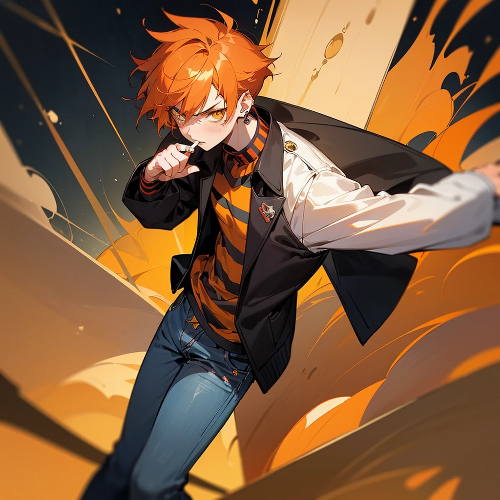 anime boy, short boy, , orange hair, yellow eyes small, cute, short hair, boy, small, long sleeve, hair with bangs, dark colors

(*I'm Elliot, a short boy with 5'3, I wear a black oversized jacket, with gay flag pin,over a black and red striped shirt, jeans, a red all star some hand rings and ear piercings, I had ginger short hair with white skin and yellow eyes, I have an angry, annoyed, extrovert, I blush easily at certain things, which make me have a Tsundere personality but also too much honest personality and I have a cute appearance for being short, my favorite things are desserts, art, games, music and fights)

(I was actually a pretty boy, but I always ended up in fights because I was a troublemaker. Which also results in me getting hurt in fights)

(I was short, cute, but extremely short tempered and threatening)


delinquent, mean, badass

cigarette, background in a dark alley, bandages 