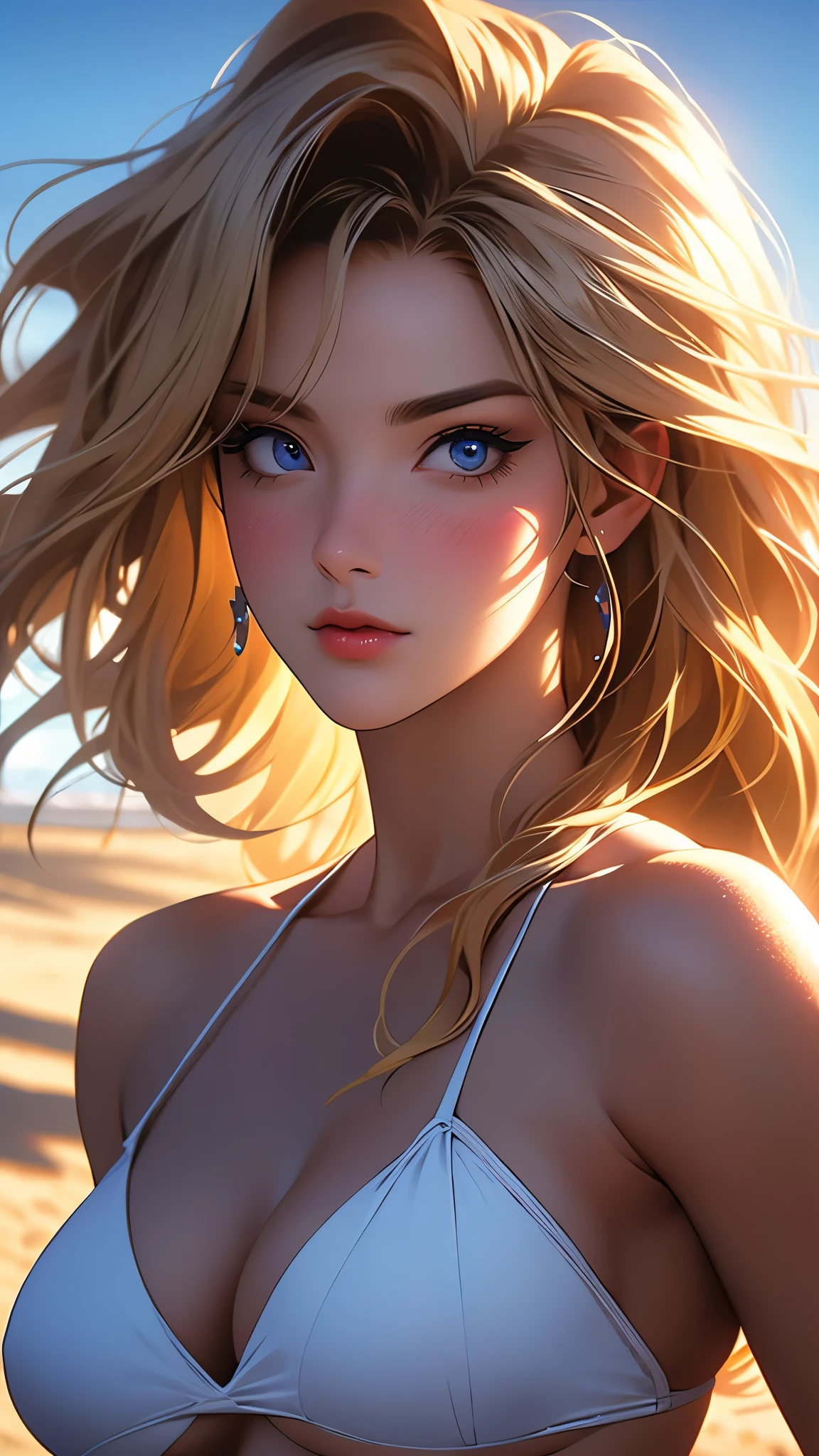 a beautiful woman in a white bikini standing on a beach, looking directly at the viewer, with long blonde hair blowing in the wind, blue eyes, and a slight blush on her cheeks, surrounded by palm trees, a cloudy blue sky, and waves crashing against the shore, masterpiece, photorealistic, ultra-detailed, hyper-realistic, 8k, cinematic lighting, vibrant colors, dramatic composition, (Perfect details:1.1), (Beautiful and clear background:1.2), (Extremely detailed CG, Ultra detailed, best shadow:1.1), (Finely detailed beautiful eyes)