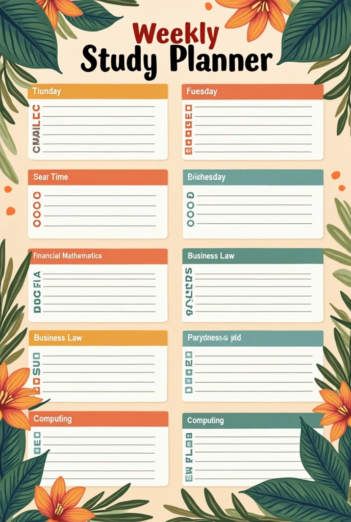 I created a colorful weekly planner according to this information below with the title weekly study planner 

    "Second": {"19:00 - 23:00": ["General Accounting", "Financial Mathematics"]},
    "THIRD": {"19:00 - 23:00": ["online class"]},
    "Fourth": {"19:00 - 23:00": ["Introduction to Economics", "Business Law"]},
    "farmhouse": {"19:00 - 23:00": ["General Accounting (revision)", "Financial Mathematics (revision)"]},
    "Friday": {"19:00 - 23:00": ["Computing", "Business Law (revision)"]},
    "Saturday": {"14:00 - 18:00": ["General review of the week", "Exercícios práticos de General Accounting"]},
    "sunday": {"14:00 - 18:00": ["Estudo aprofundado de Financial Mathematics", "Review and organization for the following week"