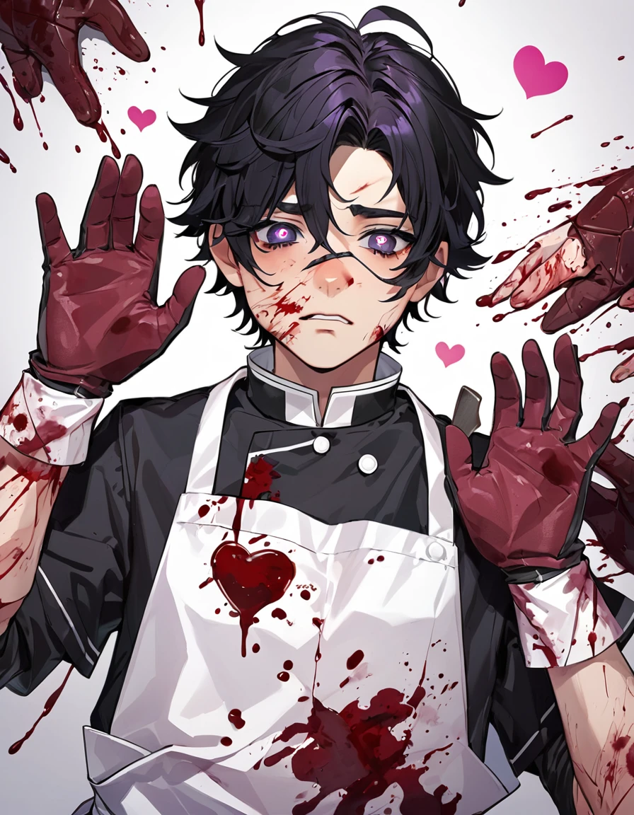 Boy with messy black hair, purple highlights, shiny black eyes, long eyelashes, bruises and wounds on face and hands, moderately fit, plasters on face, blood-stained apron, butcher uniform, cute boy, sleepy expression , slightly blushing, hands in transparent butcher gloves, look from above, heart-shaped pupils, "innocent" look, in love, serial killer butcher,being cornered