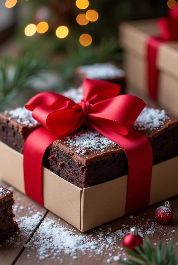 A box of 6 brownies with a bow on the outside, decorated for christmas