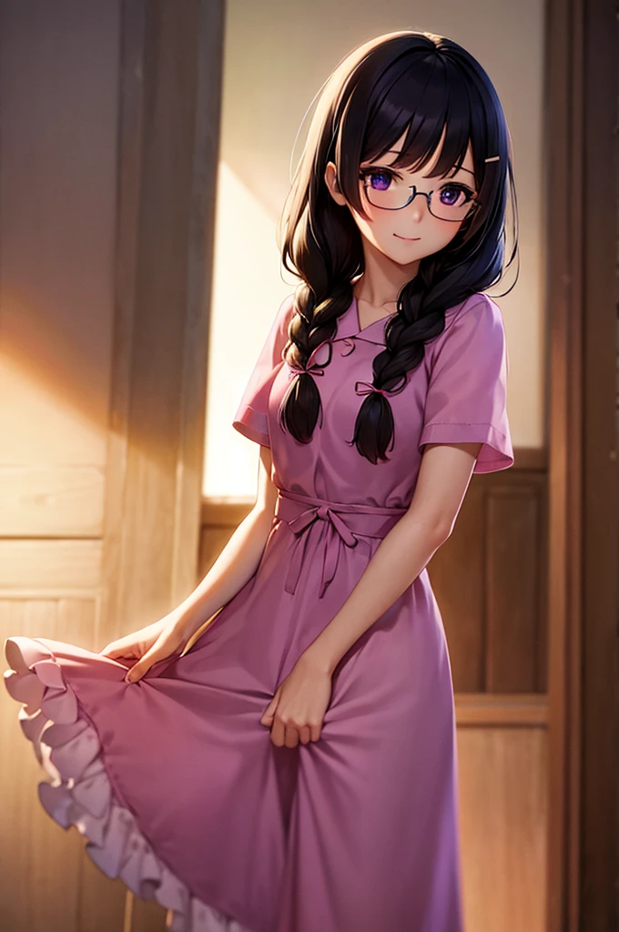 hanekawatsubasa, hanekawa tsubasa, long hair, black hair, hair ornament, (purple eyes:1.1), braid, hairclip, twin braids, naoetsu high school uniform, glasses,
BREAK cyb dress, pink dress, frills, see-through short sleeves, wrist cuffs 
BREAK indoors, classroom,
BREAK looking at viewer,
BREAK (masterpiece:1.2), best quality, high resolution, unity 8k wallpaper, (illustration:0.8), (beautiful detailed eyes:1.6), extremely detailed face, perfect lighting, extremely detailed CG, (perfect hands, perfect anatomy), smile, dynamic pose, cowboy shot