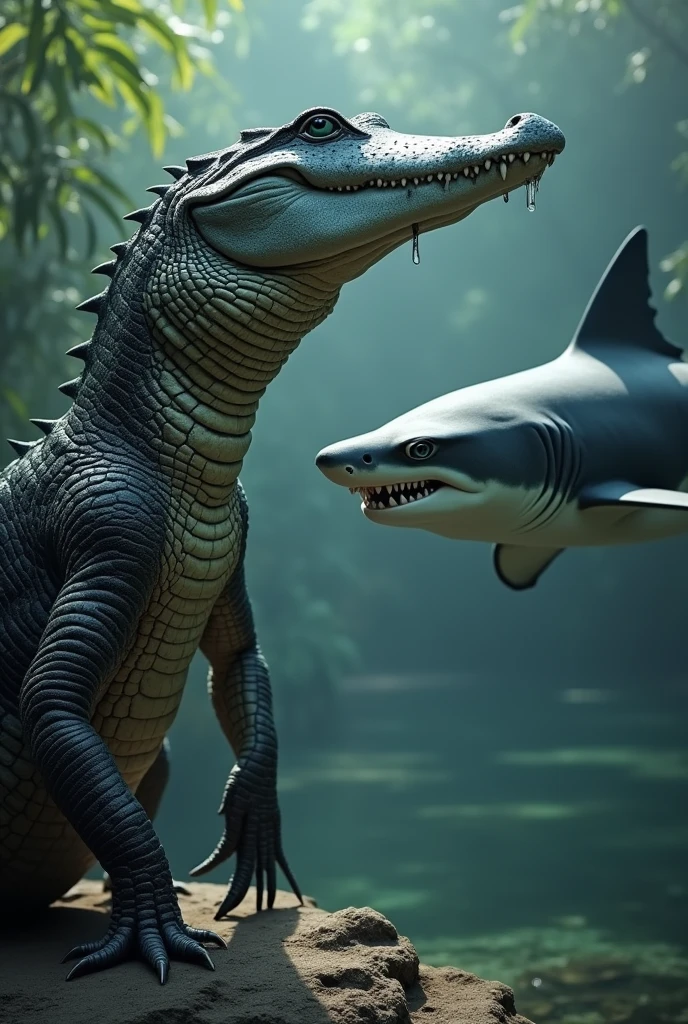 a crocodile and next to it a black and white shark