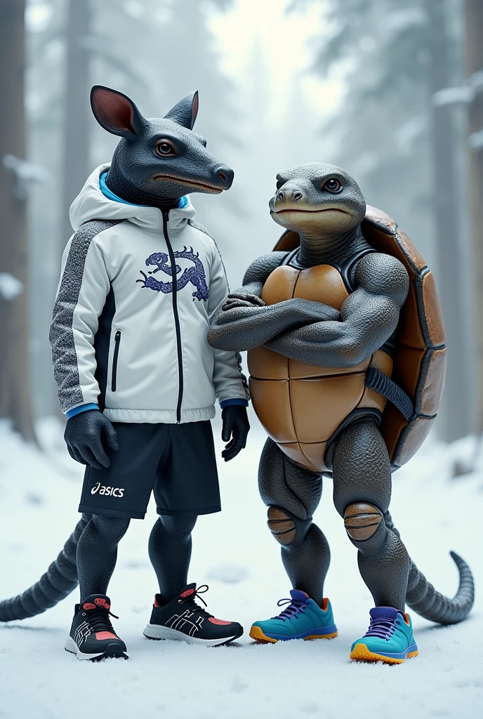 An armadillo with black scale-textured skin wearing black ASICS running shoes and a white snowboard jacket with a dragon symbol. Next to him is a turtle wearing blue ASICS running shoes.. The two are standing with their arms crossed in the snow. They are tall and high-performance athletes.