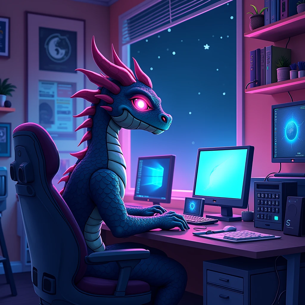 An animated dragon is in its Office, surrounded by multiple computers and tech gadgets. The office is illuminated with vibrant neon lights in shades of blue, purple, and pink, creating a futuristic and cozy atmosphere. Through the window, you can see it's nighttime, with a starry sky and a hint of the moon. The dragon looks focused, perhaps working or gaming, with screens reflecting in its eyes. The overall scene feels both high-tech and magical