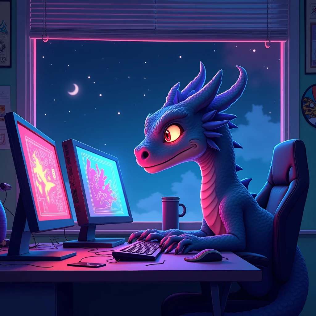 An animated dragon is in its Office, surrounded by multiple computers and tech gadgets. The office is illuminated with vibrant neon lights in shades of blue, purple, and pink, creating a futuristic and cozy atmosphere. Through the window, you can see it's nighttime, with a starry sky and a hint of the moon. The dragon looks focused, perhaps working or gaming, with screens reflecting in its eyes. The overall scene feels both high-tech and magical