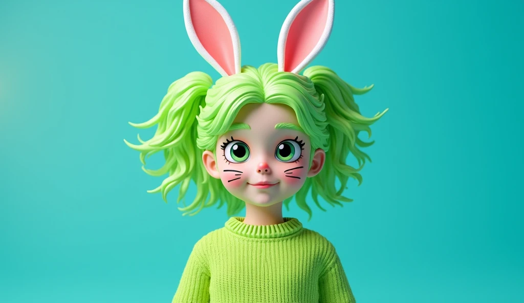 Blonde Hair This image portrays a girl with an imaginative and playful appearance.., Designed to resemble a whimsical bunny character.. Her vibrant green hair is lush and curly., Complemented with white bunny ears that add a fantastic element to your look... Her face is painted with a cute bunny nose and whiskers.., enhancing the playful theme. She is wearing a green sweater., and in front of her is a bright yellow ray, which introduces a dynamic and energetic motif. The solid bright blue background highlights her colorful outfit and the striking blonde of her hair.., Creating a lively and cheerful visual impact.. This depiction combines elements of fantasy and happiness, It perfectly captures a child&#39;s joy in dressing up and embodying a character from their imagination... The solid bright blue background not only complements her dark hair and stark contrast of makeup, but also emphasizes the liveliness and fun tone of its overall appearance...This portrait captures the essence of a character full of life., happiness, and a touch of fantasy. 3d model, multiple light sources, rim light, Magic ball of broken glass with a sharp turquoise pole with fragments lying near the frame from above on a white background, rendering effects, (Bright plastic texture with multiple refractions of large light probes), perfect cgi, soft silhouette, high intensity refraction, (super bright plastic material), most beautiful visual effects, , realist, 4k, High resolution, rim light, smooth 3d model, multiple light sources, rim light, Sharp after-effects rendering,, realist, 4k, High resolution, rim light detailed digital art, reflective, Best Quality, 4k, masterpiece:1.2, ultra detailed, realist, vivid colors, The highest quality image., ensuring that every detail is perfectly displayed. It is in 4k resolution., allowing viewers to immerse themselves in the richness of the
