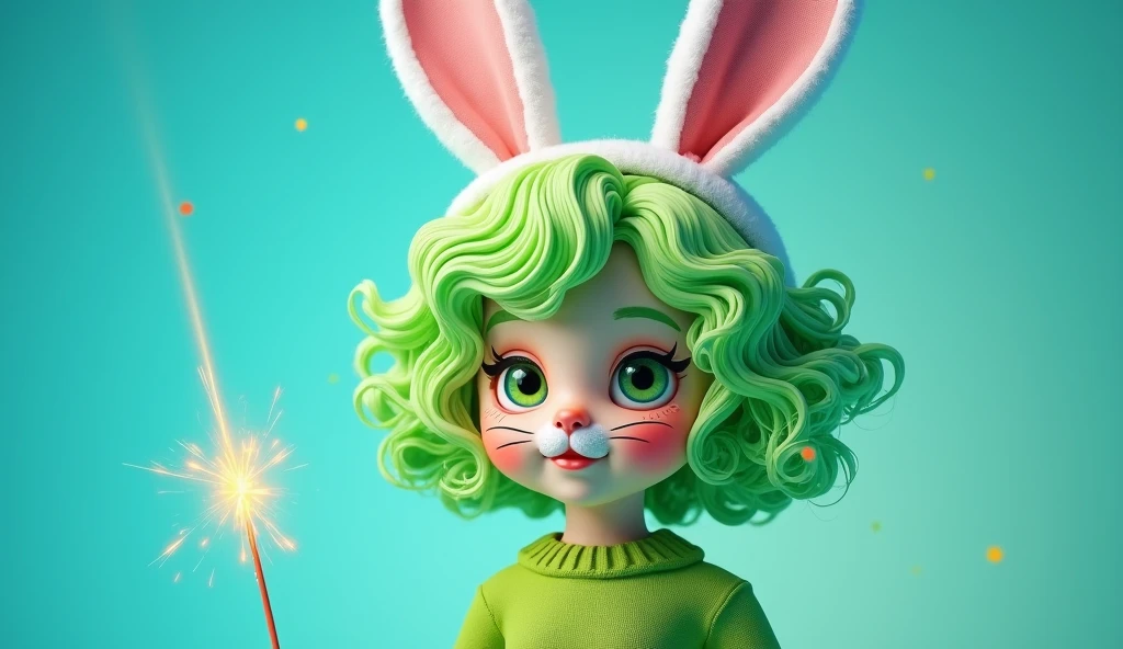 Blonde Hair This image portrays a girl with an imaginative and playful appearance.., Designed to resemble a whimsical bunny character.. Her vibrant green hair is lush and curly., Complemented with white bunny ears that add a fantastic element to your look... Her face is painted with a cute bunny nose and whiskers.., enhancing the playful theme. She is wearing a green sweater., and in front of her is a bright yellow ray, which introduces a dynamic and energetic motif. The solid bright blue background highlights her colorful outfit and the striking blonde of her hair.., Creating a lively and cheerful visual impact.. This depiction combines elements of fantasy and happiness, It perfectly captures a child's joy in dressing up and embodying a character from their imagination... The solid bright blue background not only complements her dark hair and stark contrast of makeup, but also emphasizes the liveliness and fun tone of its overall appearance...This portrait captures the essence of a character full of life., happiness, and a touch of fantasy. 3d model, multiple light sources, rim light, Magic ball of broken glass with a sharp turquoise pole with fragments lying near the frame from above on a white background, rendering effects, (Bright plastic texture with multiple refractions of large light probes), perfect cgi, soft silhouette, high intensity refraction, (super bright plastic material), most beautiful visual effects, , realist, 4k, High resolution, rim light, smooth 3d model, multiple light sources, rim light, Sharp after-effects rendering,, realist, 4k, High resolution, rim light detailed digital art, reflective, Best Quality, 4k, masterpiece:1.2, ultra detailed, realist, vivid colors, The highest quality image., ensuring that every detail is perfectly displayed. It is in 4k resolution., allowing viewers to immerse themselves in the richness of the