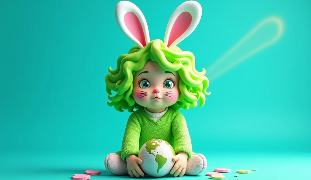Blonde Hair This image portrays a girl with an imaginative and playful appearance.., Designed to resemble a whimsical bunny character.. Her vibrant green hair is lush and curly., Complemented with white bunny ears that add a fantastic element to your look... Her face is painted with a cute bunny nose and whiskers.., enhancing the playful theme. She is wearing a green sweater., and in front of her is a bright yellow ray, which introduces a dynamic and energetic motif. The solid bright blue background highlights her colorful outfit and the striking blonde of her hair.., Creating a lively and cheerful visual impact.. This depiction combines elements of fantasy and happiness, It perfectly captures a child's joy in dressing up and embodying a character from their imagination... The solid bright blue background not only complements her dark hair and stark contrast of makeup, but also emphasizes the liveliness and fun tone of its overall appearance...This portrait captures the essence of a character full of life., happiness, and a touch of fantasy. 3d model, multiple light sources, rim light, Magic ball of broken glass with a sharp turquoise pole with fragments lying near the frame from above on a white background, rendering effects, (Bright plastic texture with multiple refractions of large light probes), perfect cgi, soft silhouette, high intensity refraction, (super bright plastic material), most beautiful visual effects, , realist, 4k, High resolution, rim light, smooth 3d model, multiple light sources, rim light, Sharp after-effects rendering,, realist, 4k, High resolution, rim light detailed digital art, reflective, Best Quality, 4k, masterpiece:1.2, ultra detailed, realist, vivid colors, The highest quality image., ensuring that every detail is perfectly displayed. It is in 4k resolution., allowing viewers to immerse themselves in the richness of the