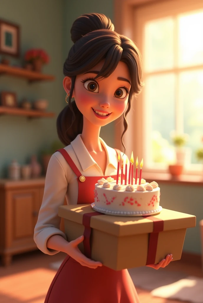 3d or 2d animation drawing of a woman carrying a packed birthday cake