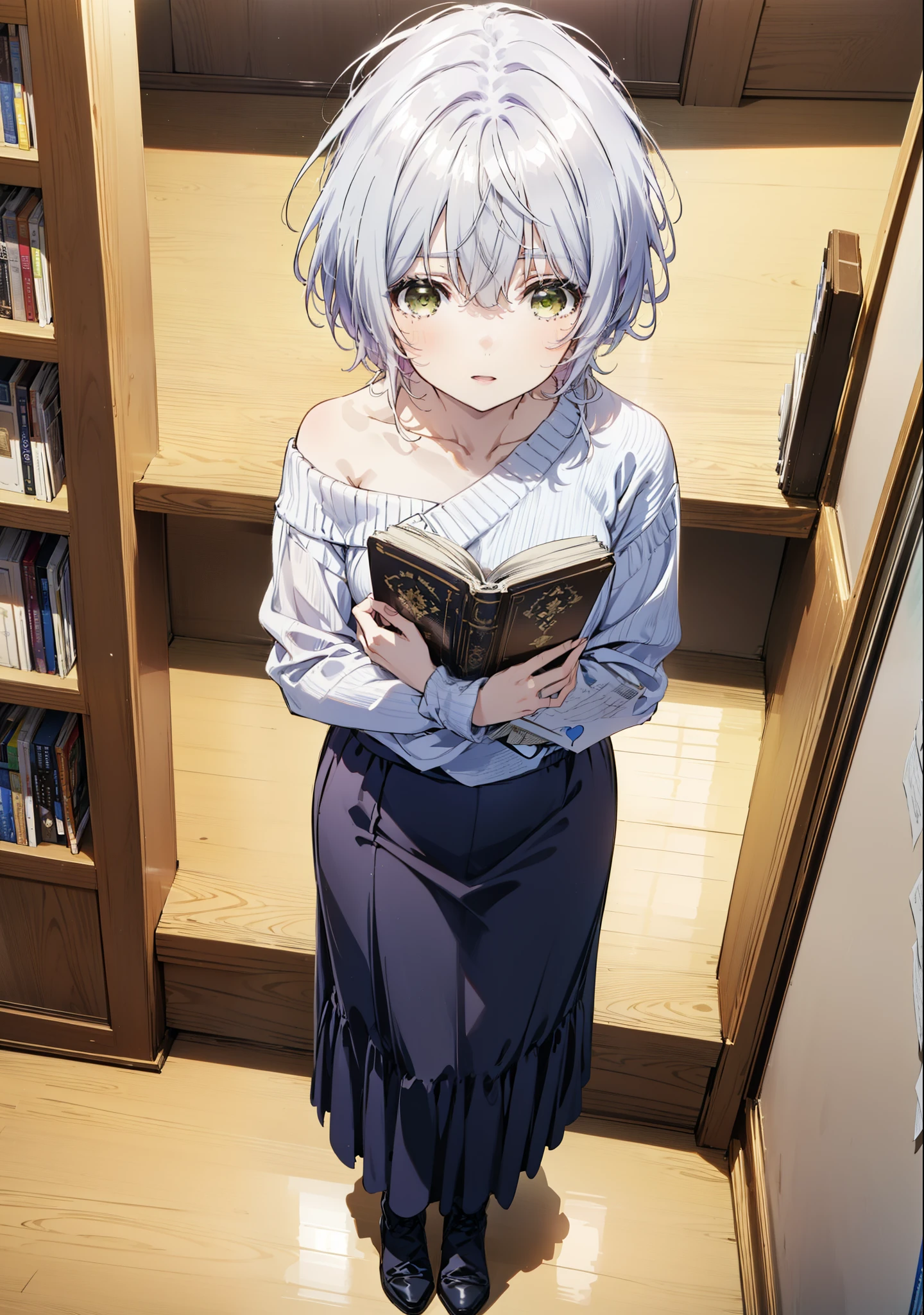 fuukakikuchi, fuuka kikuchi, short hair, bangs, Hair between the eyes, (Green Eyes:1.3),smile,Open your mouth,Grey Hair,One-shoulder sweater,Long skirt,Black pantyhose,short boots,Holding a book in both arms,Bookshelf,There are many books piled up on the table,whole bodyがイラストに入るように,
break indoors, figure書館,
break looking at viewer,whole body,
break (masterpiece:1.2), Highest quality, High resolution, unity 8k wallpaper, (figure:0.8), (Beautiful attention to detail:1.6), Highly detailed face, Perfect lighting, Highly detailed CG, (Perfect hands, Perfect Anatomy),